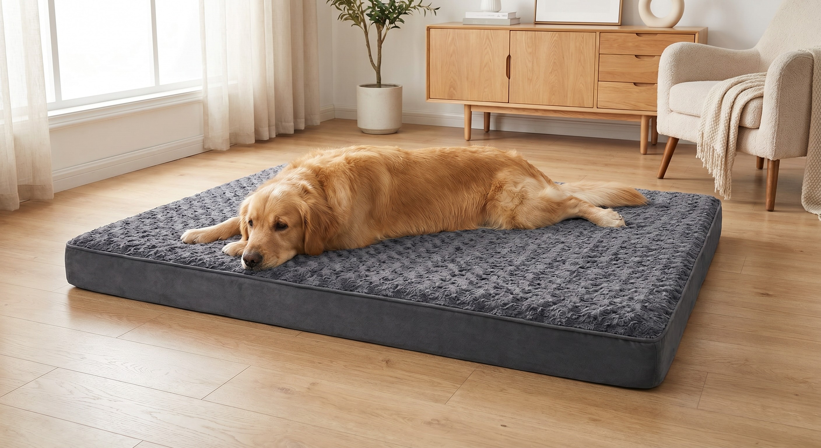 Extra-large bed with a large dog stretched out